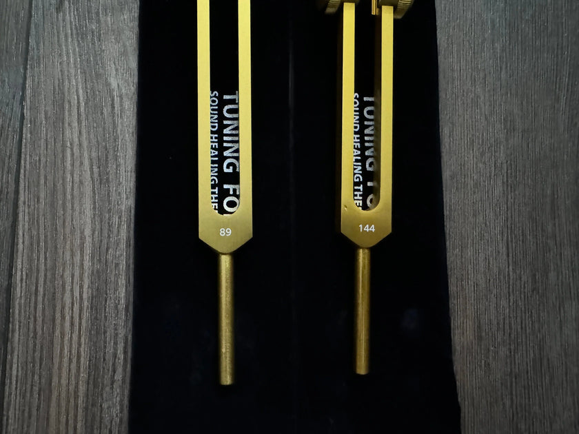 89Hz and 144Hz - Fibonacci, Golden Ration Tuning Fork Set - Gamma Binaural Beat Entrainment - Attenuator Handle Extender with 10mm Crystal