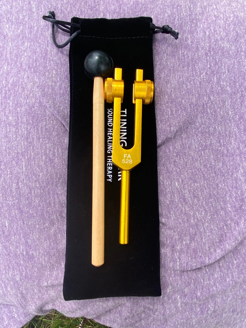 Gold FInish 432 Hz ad 528 Hz Set Best Tuning Forks for Vibration - Attenuator Handle Extender with 10mm Crystal