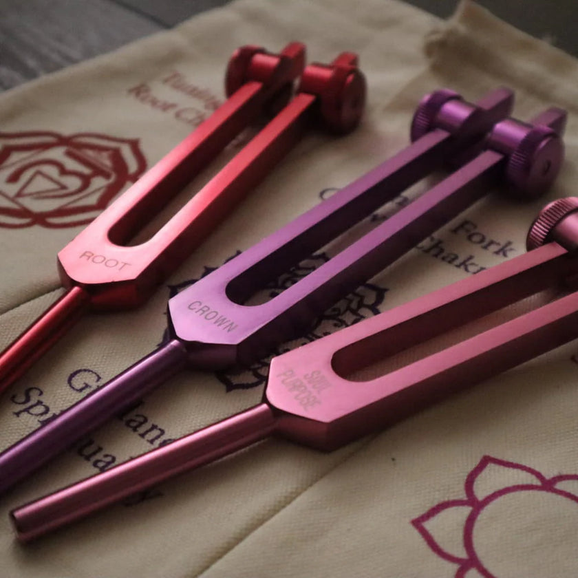 8pc Chakra Healing Tuning Fork Set with Stand & Activator
