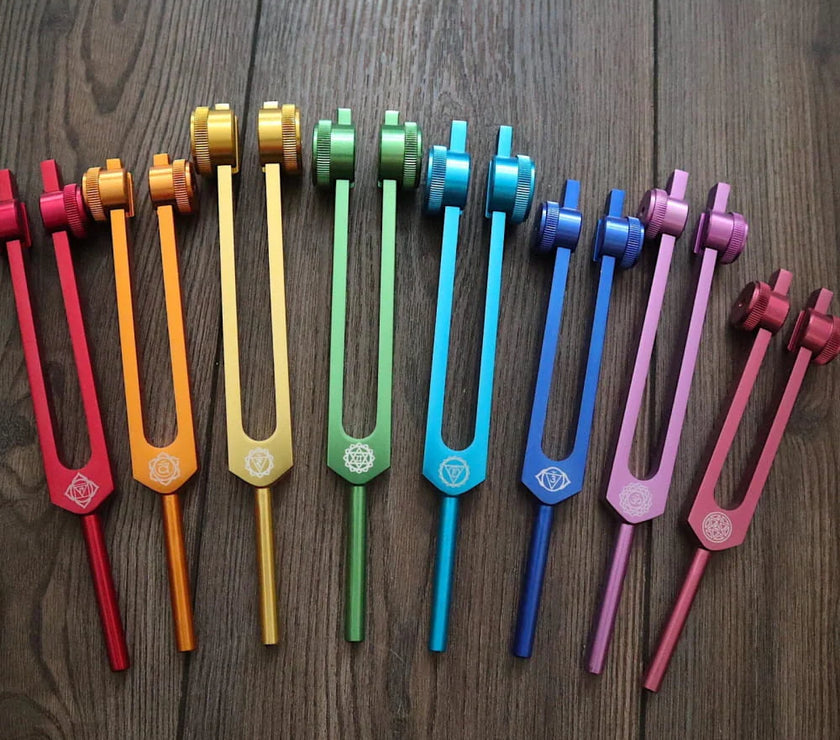 8pc Chakra Healing Tuning Fork Set with Stand & Activator