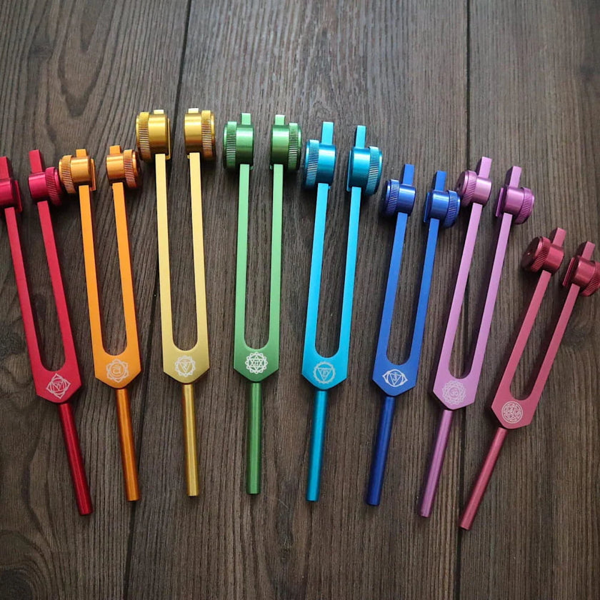 8pc Chakra Healing Tuning Fork Set with Stand & Activator