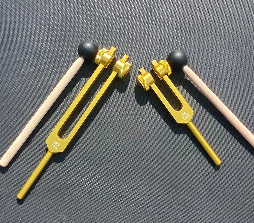 Gold Finish 174 Hz and 528 Hz Solfeggio Set Best Tuning Forks for Vibration - Attenuator Handle Extender with 10mm Crystal