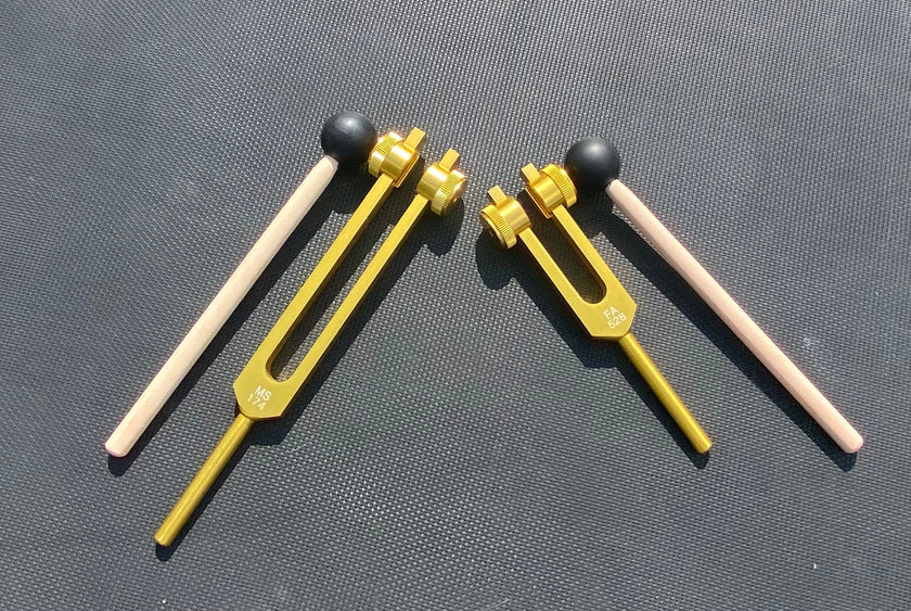 Gold Finish 174 Hz and 528 Hz Solfeggio Set Best Tuning Forks for Vibration - Attenuator Handle Extender with 10mm Crystal