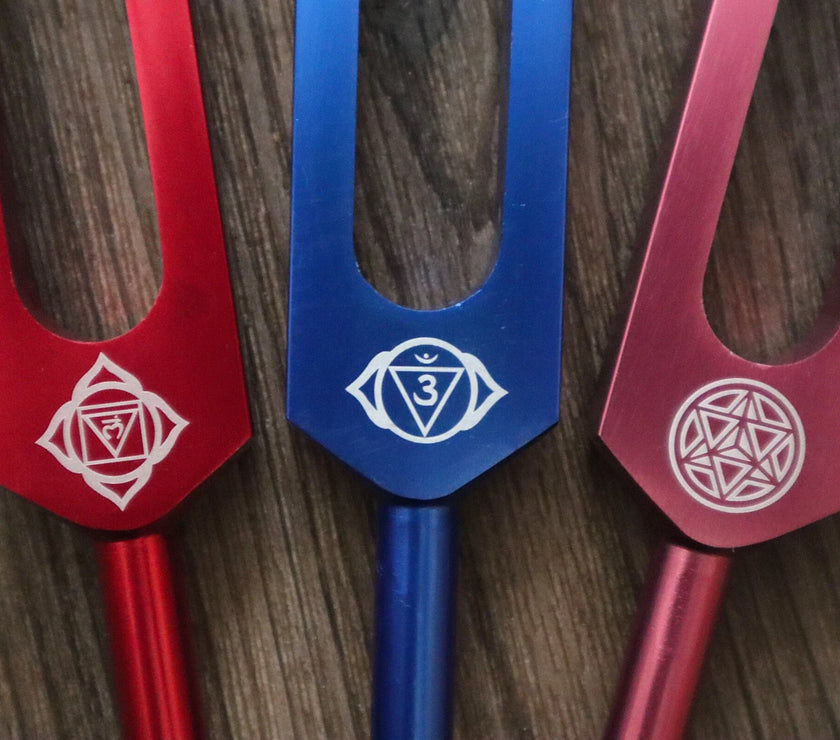 RV Medics' Professionally Tuned .25 - 8pc Chakra Premium Tuning Fork Set, Chakra Printed Engrams, Soul Purpose, Biofield