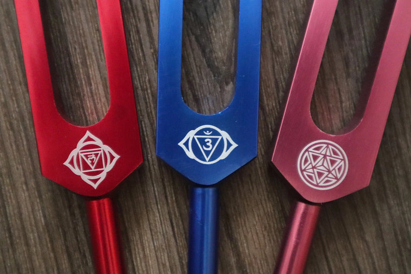 RV Medics' Professionally Tuned .25 - 8pc Chakra Premium Tuning Fork Set, Chakra Printed Engrams, Soul Purpose, Biofield
