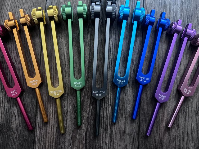 RV Medics' Professionally Tuned .25 9pc Chakra Tuning Forks - Earth Star Chakra through Crown Chakra - Biofield, Sound Vibration