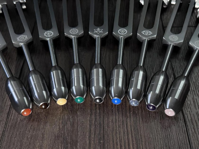 RV Medics' Professionally Tuned .25 9pc Chakra Gray Tuning Forks - 10pc Crystal Massage Attenuator Set - Biofield, Sound Vibration