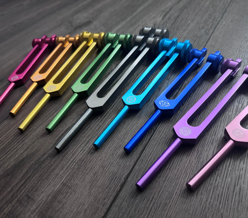RV Medics' Professionally Tuned .25 9pc Chakra Tuning Forks - Earth Star Chakra through Crown Chakra - Biofield, Sound Vibration