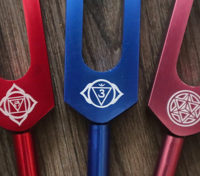 8pc Chakra Healing Tuning Fork Set with Stand & Activator
