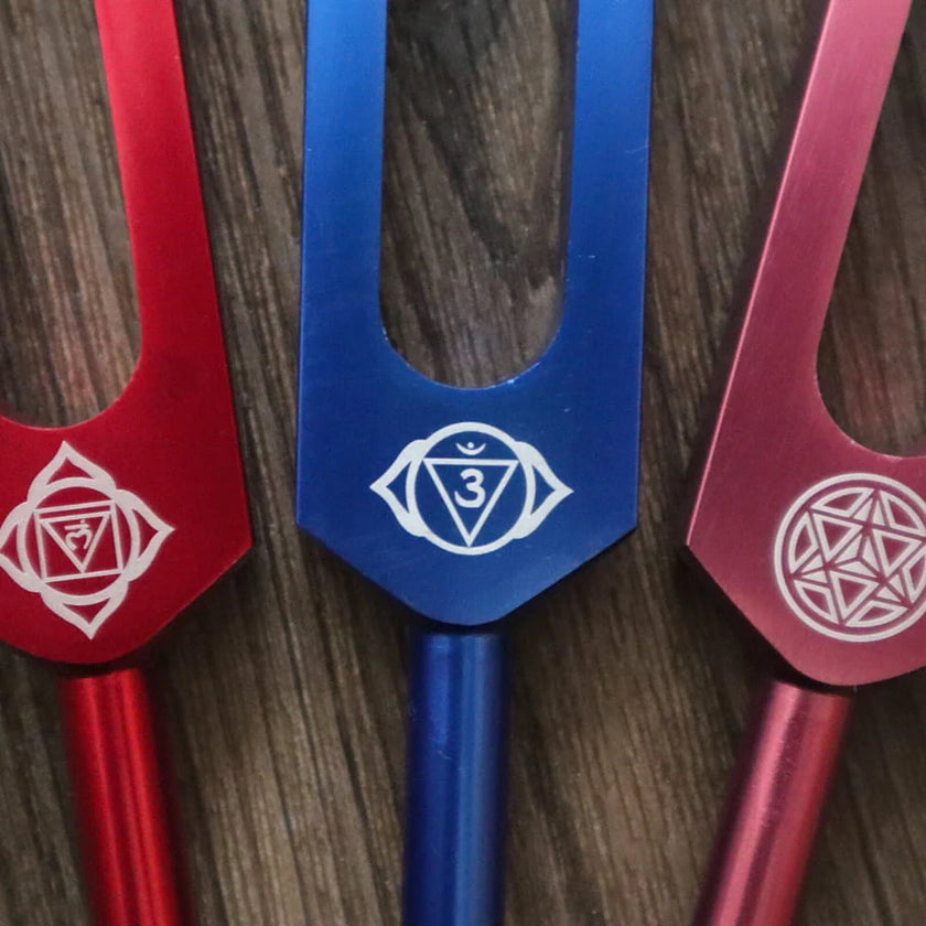 8pc Chakra Healing Tuning Fork Set with Stand & Activator