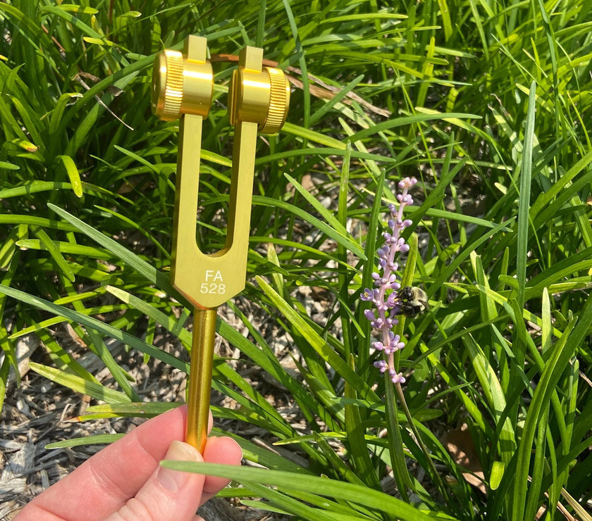 528 Hz Weighted Silver Solfeggio Tuning Fork For Vibration - Attenuator Handle Extender with 10mm Crystal