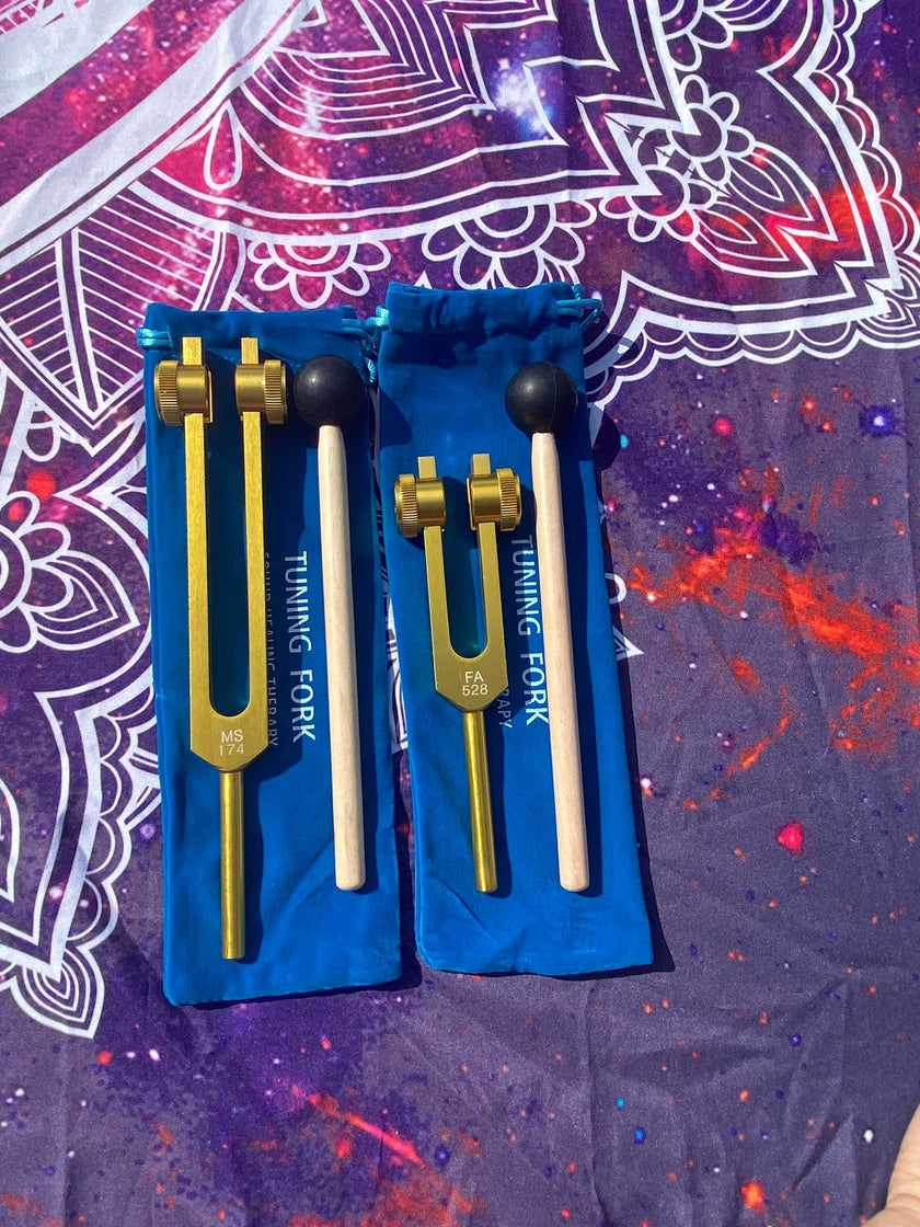 Gold Finish 174 Hz and 528 Hz Solfeggio Set Best Tuning Forks for Vibration - Attenuator Handle Extender with 10mm Crystal