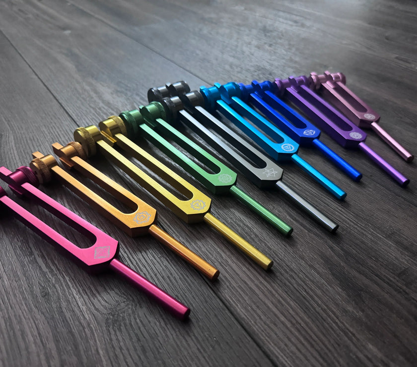 RV Medics' Professionally Tuned .25 9pc Chakra Tuning Forks - Earth Star Chakra through Crown Chakra - Biofield, Sound Vibration