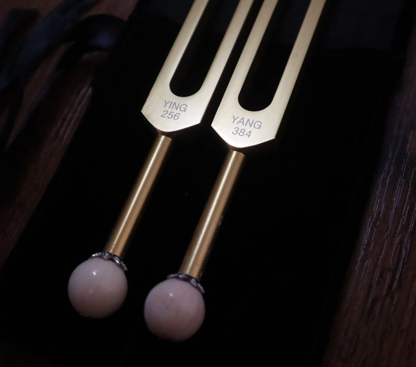 Perfect Fifth Harmonic Gold Yin and Yang Tuning Fork Set - Sound Healing, Energy Healing, Bio-field Therapy, Unweighted 2pc Set, Velvet Bag