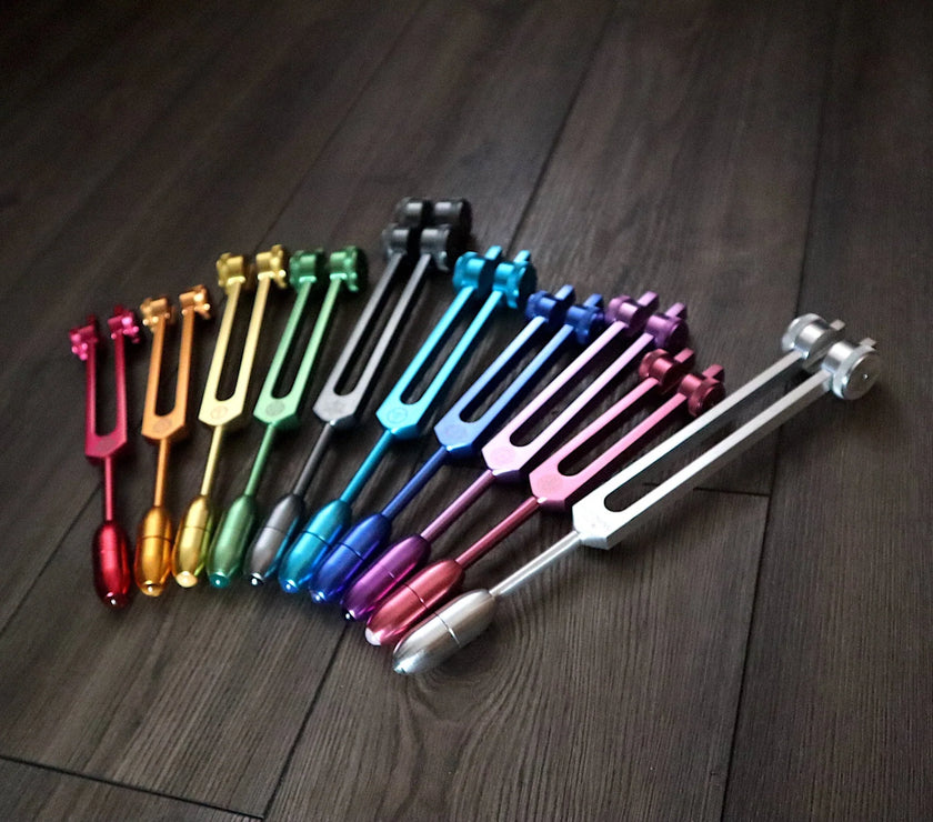 RV Medics' Professionally Tuned .25 9pc Chakra Tuning Forks with 10pc Crystal Massage Attenuator Set - Biofield, Sound Vibration