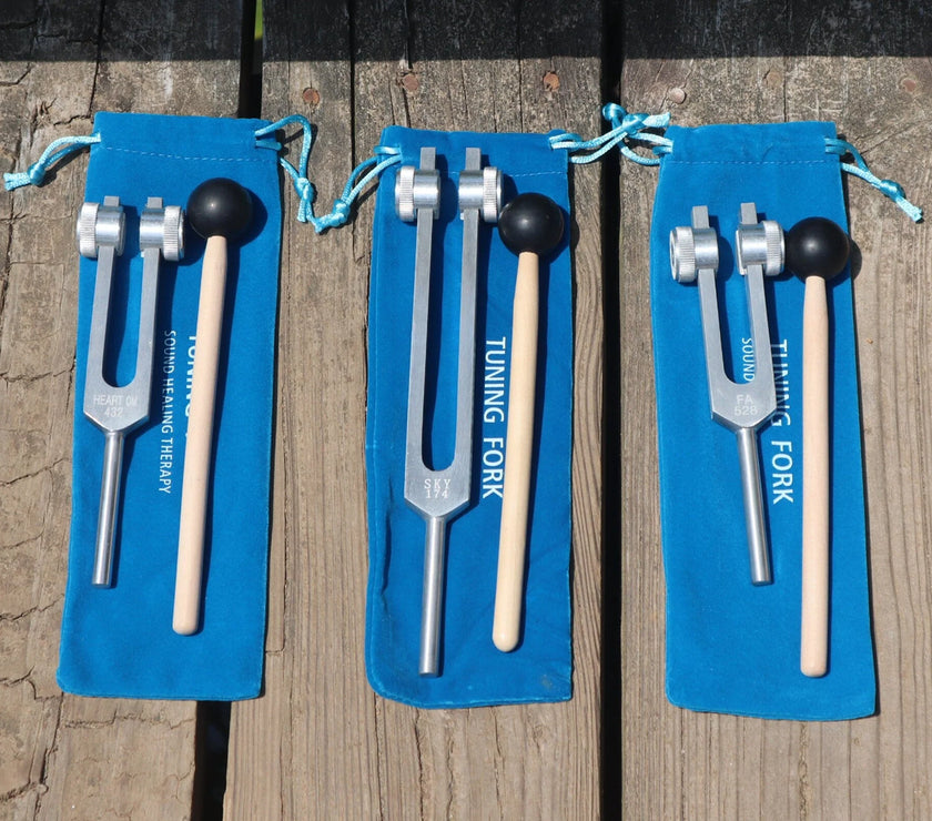 3pc Gold or Silver Weighted Tuning Fork Set - 174 Hz, 432 Hz, and 528 Hz, Solfeggio, Love Frequencies, Sound Healing, Energy Healing