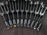 RV Medics' Professionally Tuned .25 9pc Chakra Gray Tuning Forks - 10pc Crystal Massage Attenuator Set - Biofield, Sound Vibration