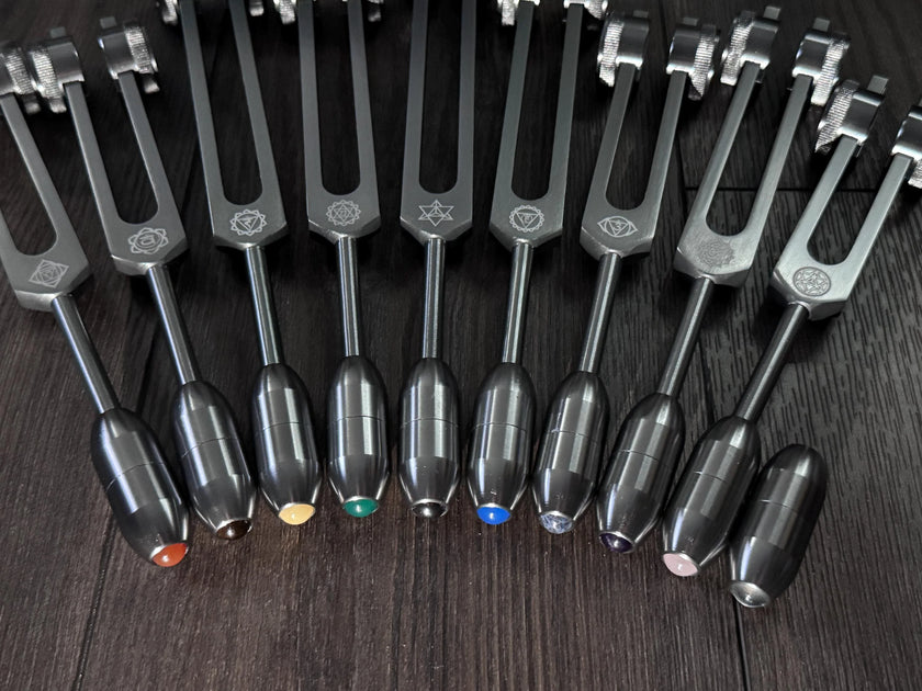 RV Medics' Professionally Tuned .25 9pc Chakra Gray Tuning Forks - 10pc Crystal Massage Attenuator Set - Biofield, Sound Vibration