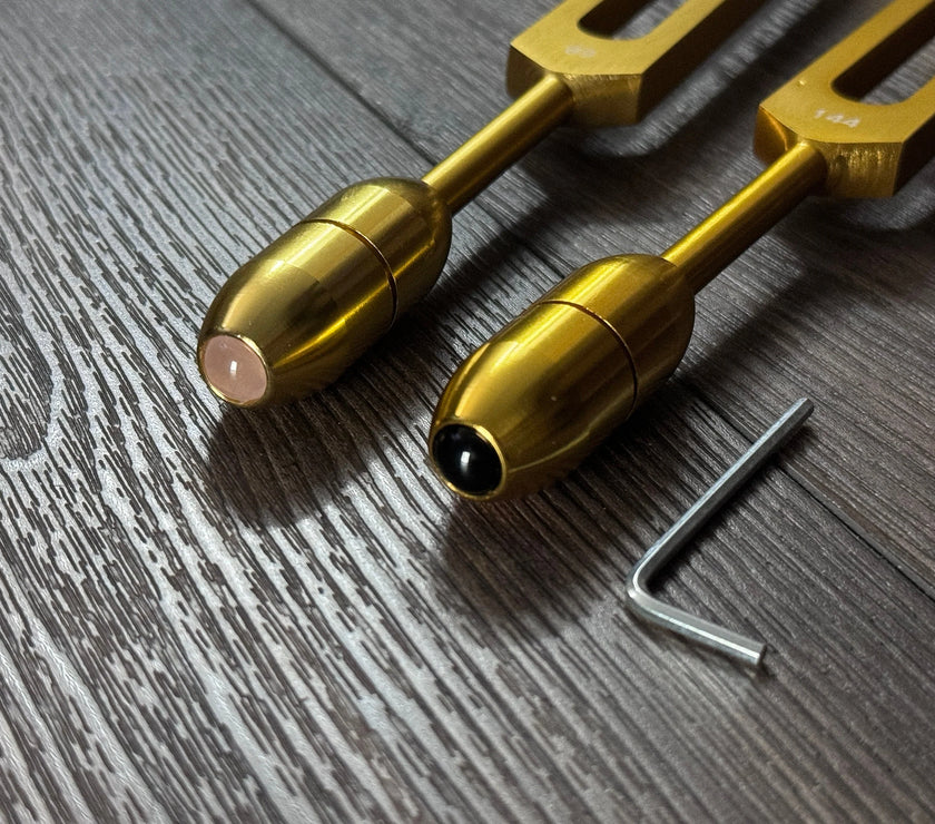 89Hz and 144Hz - Fibonacci, Golden Ration Tuning Fork Set - Gamma Binaural Beat Entrainment - Attenuator Handle Extender with 10mm Crystal