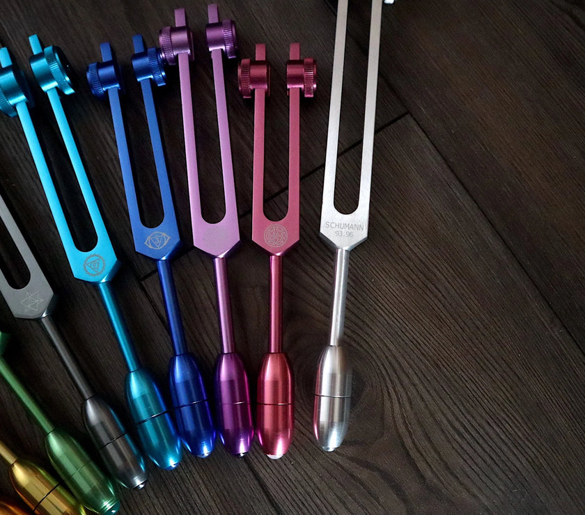 RV Medics' Professionally Tuned .25 9pc Chakra Tuning Forks with 10pc Crystal Massage Attenuator Set - Biofield, Sound Vibration