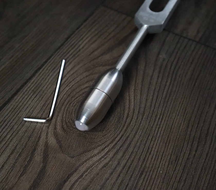 528 Hz Weighted Silver Solfeggio Tuning Fork For Vibration - Attenuator Handle Extender with 10mm Crystal
