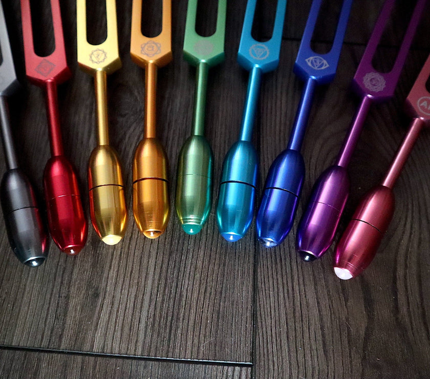 Myriad Melodies' Professionally Tuned .25 Secret Solfeggio - Classic 9pc Set - Chakra Printed Engrams, Attenuator Extenders