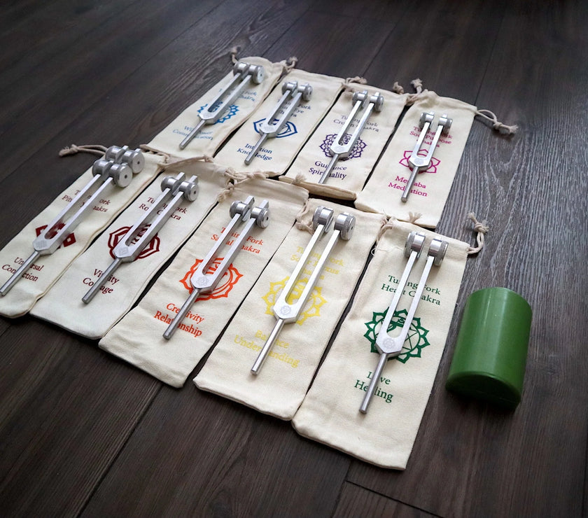 18pc Secret Solfeggio and Chakra - Professionally Tuned .25 - Silver Chakra, Gray Solfeggio, Activator and 18pc Holder, Sound Vibration